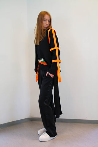 Shop Emerging Contemporary Womenswear brand Too Damn Expensive Black Strap Blazer with Orange Strap Details at Erebus
