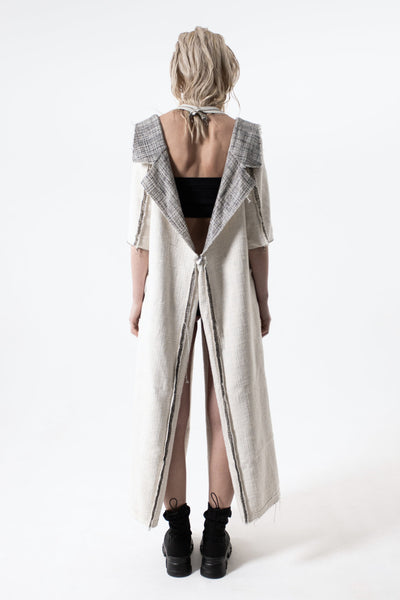 Shop Emerging Conceptual Dark Fashion Womenswear Brand DZHUS Pseudo AW22 Collection Black Melange and Ivory Duality Transformable Jacket / Waistcoat / Jumpsuit / Dress / Bag at Erebus