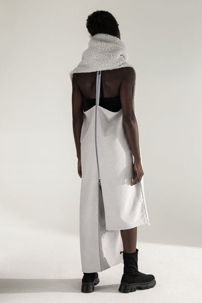 Shop Emerging Conceptual Dark Fashion Womenswear Brand DZHUS Transit Collection Light Grey Migrant Transformable Scarf / Jumpsuit at Erebus