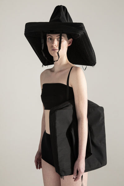 Shop Emerging Conceptual Dark Fashion Womenswear Brand DZHUS Transit Collection Black Carrier Transformable Hat / Dress / Waistcoat / Bag at Erebus