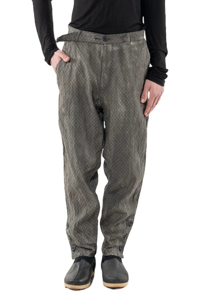 Shop Emerging Slow Fashion Genderless Alternative Avant-garde Designer Mark Baigent Last Day of our Acquaintance Collection Fair Trade Washed Grey Check Cotton Fusion Relaxed Fit Pants at Erebus