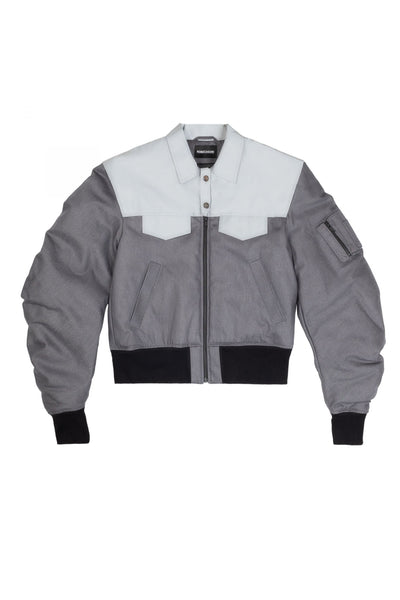 Shop Emerging Alternative Fashion Unisex Street Brand Monochrome AW23 Anamorphic Collection Grey Organic Cotton and Recycled Nylon Deconstructed Bomber Jacket at Erebus
