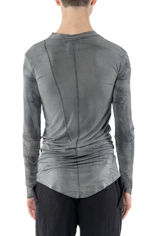 Shop Emerging Slow Fashion Genderless Alternative Avant-garde Designer Mark Baigent Last Day of our Acquaintance Collection Fair Trade Grey Magnesium Dyed Ecovera Jersey Hack Shirt at Erebus