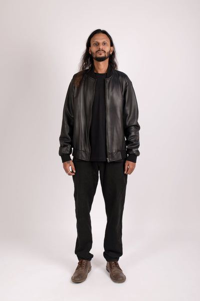 Shop emerging dark alternative conscious fashion genderless brand Anoir by Amal Kiran Jana Black Hoenir Leather Bomber Jacket at Erebus