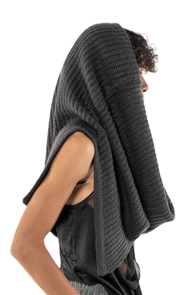 Shop Emerging Slow Fashion Genderless Alternative Avant-garde Designer Mark Baigent Last Day of our Acquaintance Collection Fair Trade Grey Acrylic Knitted Hood at Erebus