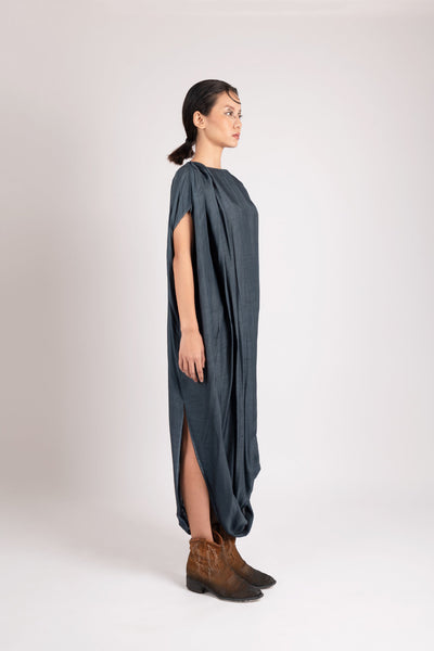 Shop emerging dark alternative conscious fashion genderless brand Anoir by Amal Kiran Jana Steel Green Viscose Njoror Draped Maxi Dress at Erebus