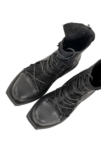 Shop Emerging Slow Fashion Genderless Alternative Avant-garde Designer Mark Baigent Last Day of our Acquaintance Collection Fair Trade Black Cotton Canvas and Reclaimed Leather Square Soled Oscar Boots at Erebus