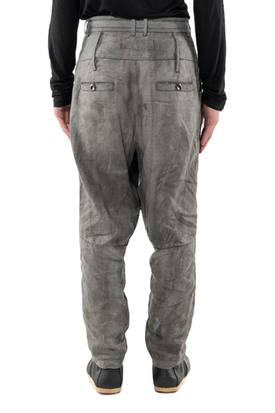 Shop Emerging Slow Fashion Genderless Alternative Avant-garde Designer Mark Baigent Last Day of our Acquaintance Collection Fair Trade Grey Water Stained Dye Rong Magnesium Pants at Erebus