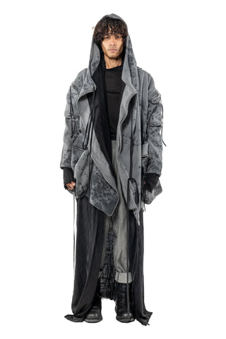Shop Emerging Slow Fashion Genderless Alternative Avant-garde Designer Mark Baigent Last Day of our Acquaintance Collection Fair Trade Grey Magnesium Spot Dyed Hooded Sinead Coat at Erebus