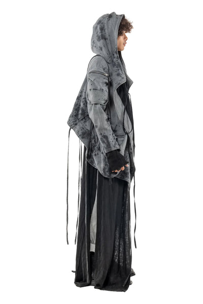 Shop Emerging Slow Fashion Genderless Alternative Avant-garde Designer Mark Baigent Last Day of our Acquaintance Collection Fair Trade Grey Magnesium Spot Dyed Hooded Sinead Coat at Erebus