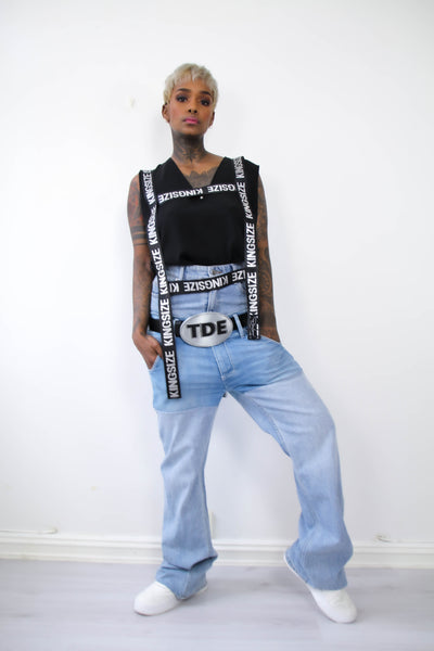 Shop Emerging Contemporary Womenswear brand Too Damn Expensive Up-cycled Double Belted High-Waist Jeans at Erebus