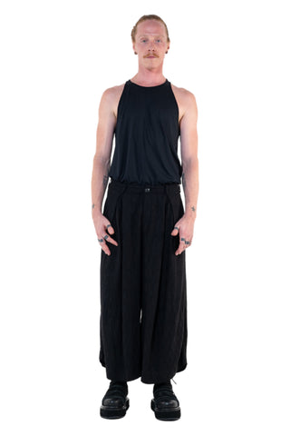 Shop Emerging Slow Fashion Genderless Alternative Avant-garde Designer Mark Baigent Annex Collection Fair Trade Black Linen Viscose Blend About Blank Wide Leg Culottes at Erebus