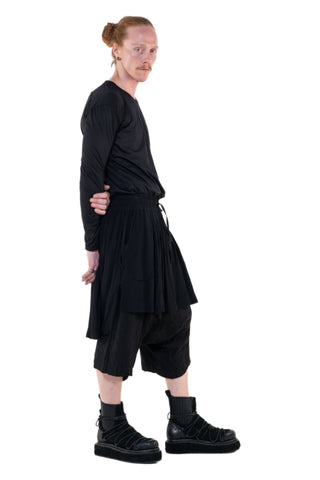 Shop Emerging Slow Fashion Genderless Alternative Avant-garde Designer Mark Baigent Annex Collection Fair Trade Black Linen Viscose Blend Low Crotch Bastian Shorts at Erebus
