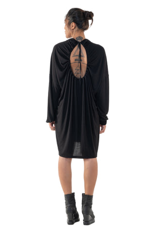 Shop Emerging Slow Fashion Genderless Alternative Avant-garde Designer Mark Baigent Annex Collection Fair Trade Black Bamboo Jersey Long Sleeve Cara Dress at Erebus