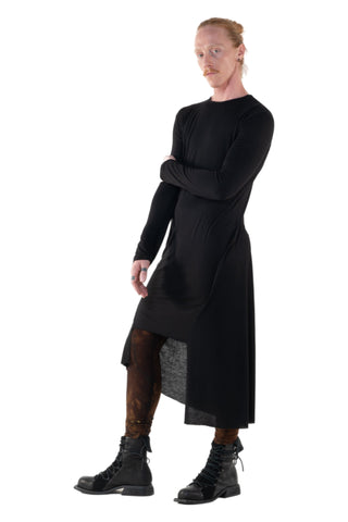 Shop Emerging Slow Fashion Genderless Alternative Avant-garde Designer Mark Baigent Annex Collection Fair Trade Black Bamboo Jersey Asymmetric Long Sleeve Cut-out Dress at Erebus