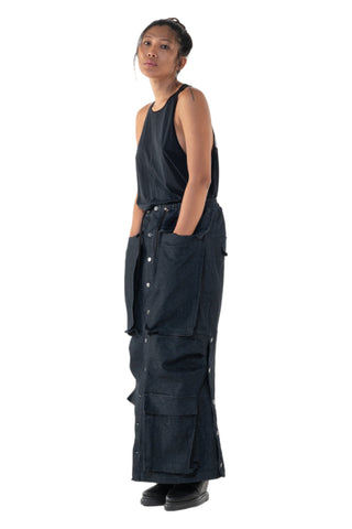 Shop Emerging Slow Fashion Genderless Alternative Avant-garde Designer Mark Baigent Annex Collection Fair Trade Indigo Denim Rave Cargo Maxi Skirt at Erebus