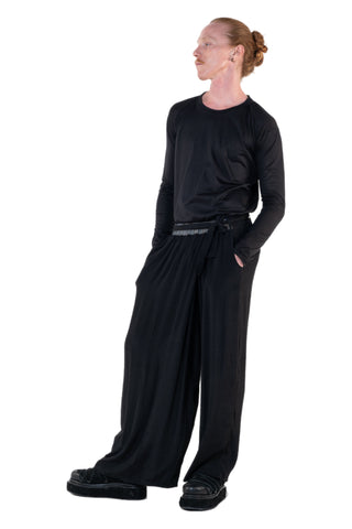 Shop Emerging Slow Fashion Genderless Alternative Avant-garde Designer Mark Baigent Annex Collection Fair Trade Black Viscose Wide Leg Sister Pants at Erebus