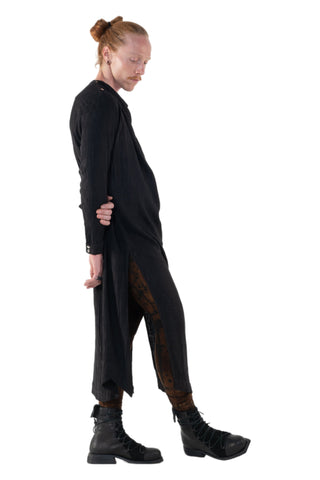Shop Emerging Slow Fashion Genderless Alternative Avant-garde Designer Mark Baigent Annex Collection Fair Trade Black Linen and Viscose blend Trinity Dress at Erebus