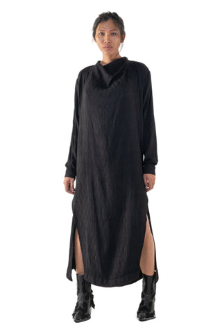 Shop Emerging Slow Fashion Genderless Alternative Avant-garde Designer Mark Baigent Annex Collection Fair Trade Black Linen and Viscose blend Trinity Dress at Erebus