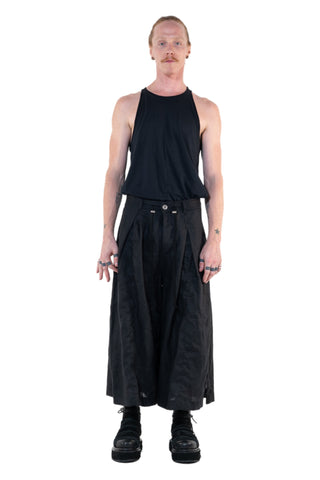 Shop Emerging Slow Fashion Genderless Alternative Avant-garde Designer Mark Baigent Annex Collection Fair Trade Black Linen Wide Leg Veigh Long Shorts at Erebus