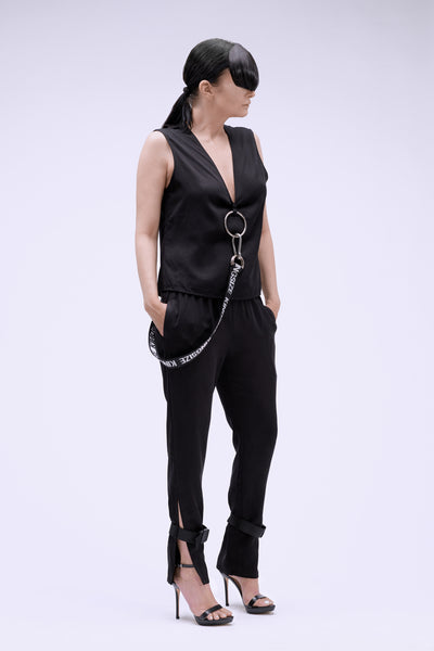 Shop Emerging Contemporary Conscious Womenswear Brand Too Damn Expensive Black Pants with Detachable Belt at Erebus
