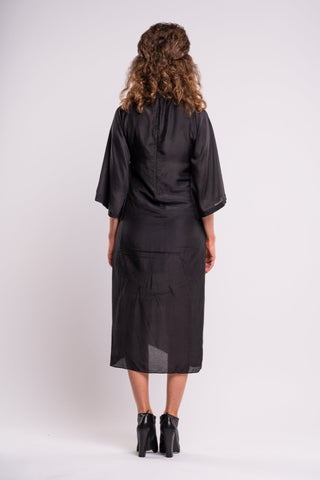 Shop emerging dark conscious fashion genderless brand Anoir by Amal Kiran Jana Black Silk Gorget Dress at Erebus