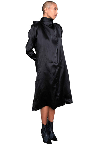 Shop Emerging Slow Fashion Genderless Alternative Avant-garde Designer Mark Baigent Wōlfin Collection Black Silk Ally Dress at Erebus