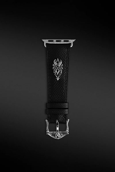 Shop Artisan Jewellery Brand Helios Black Leather with Sterling Silver and Cubic Zirconia Charm Apple Watch Strap at Erebus