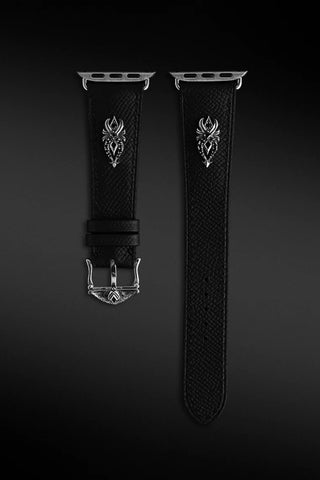 Shop Artisan Jewellery Brand Helios Black Leather with Sterling Silver and Cubic Zirconia Charm Apple Watch Strap at Erebus