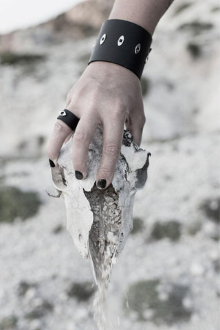 Emerging slow fashion accessory brand Aumorfia black leather EVILEYE Ring with sterling Silver - Erebus