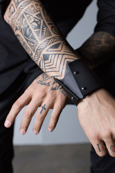 Shop emerging slow fashion accessory brand Aumorfia black leather VL cuff - Erebus