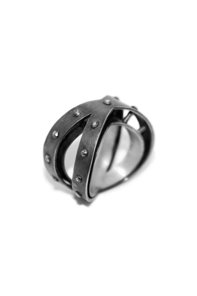 Shop Emerging Slow Fashion Avant-garde Unisex Jewellery Brand David Gaboriau Oxidised Silver X Ring at Erebus