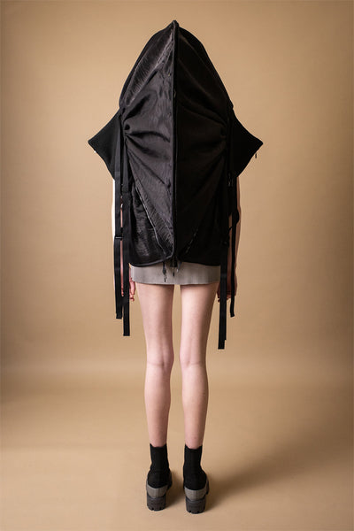 Shop Emerging Conceptual Dark Fashion Womenswear Brand DZHUS Surrogate AW21 Collection Black Replica Transformable Hat / Bag / Skirt / Jacket at Erebus Replica