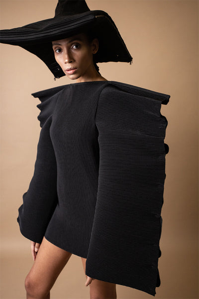 Shop Emerging Conceptual Dark Fashion Womenswear Brand DZHUS Surrogate AW21 Collection Black Transformable Projection Mini Dress at Erebus