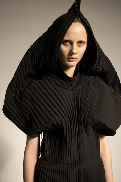 Shop Emerging Conceptual Dark Fashion Womenswear Brand DZHUS Physique SS22 Collection Black Empowerment Transformable Top / Trousers / Jumpsuit / Hood at Erebus