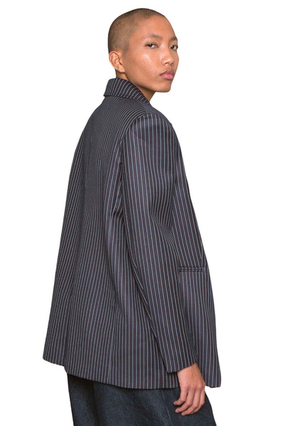 Shop Emerging Slow Fashion Genderless Alternative Avant-garde Designer Mark Baigent Wōlfin Collection Striped Oversized Demi Jacket at Erebus