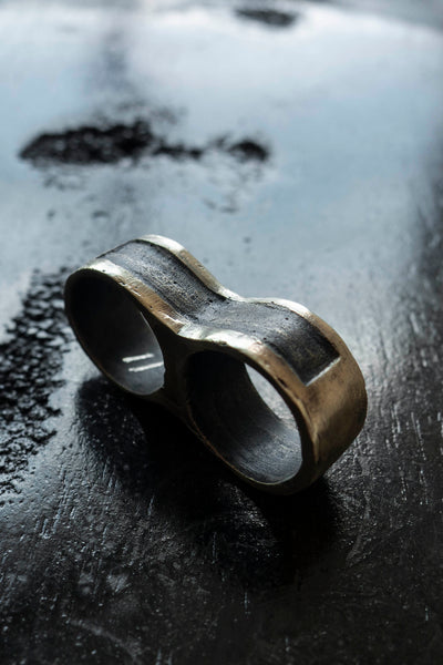 Shop Emerging Slow Fashion Avant-garde Jewellery Brand Surface Cast Blackened Bronze Efface Double Ring at Erebus