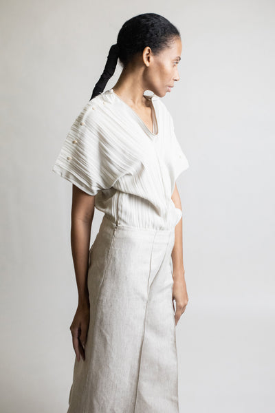 Shop Emerging Conceptual Dark Fashion Womenswear Brand DZHUS Ecopack SS21 Collection Ecru Transformable Lining Jumpsuit / Trousers at Erebus