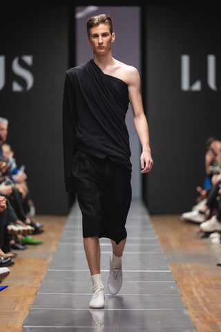 Shop Emerging Slow Fashion Genderless Brand Ludus Post-Gender AW22 Collection Black Unisex Off-shoulder Stretch Wool Jersey Top at Erebus
