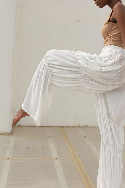 Shop emerging slow fashion conceptual genderless brand CLON8 white Wave Pants at Erebus