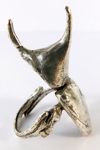 Shop Emerging Slow Fashion Conscious Designer Stacy Hopkins Jewelry Silver Siamese Fighting Beetle Ring at Erebus
