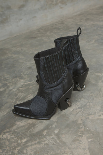Shop Emerging Slow Fashion Genderless Alternative Avant-garde Designer Mark Baigent Wōlfin Collection Black Reclaimed Leather and Denim Wōlfin Boots at Erebus