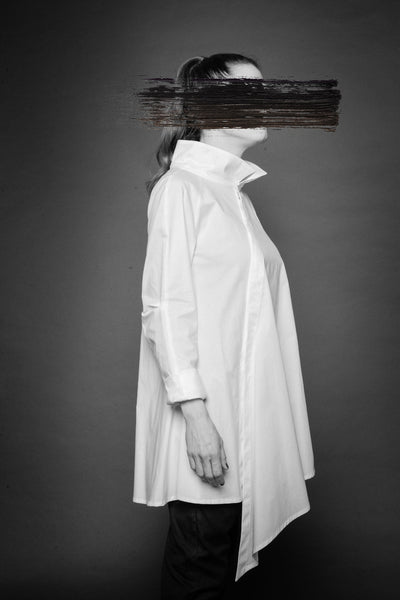 Shop Conscious Dark Fashion Brand MAKS Design SS20 White Asymmetric Front Shirt at Erebus