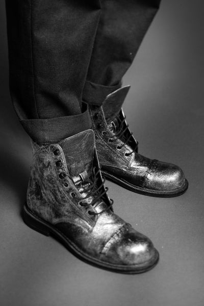 Shop Conscious Dark Fashion Brand MAKS Design AW2020 Silver Leather Lace Up Boots at Erebus