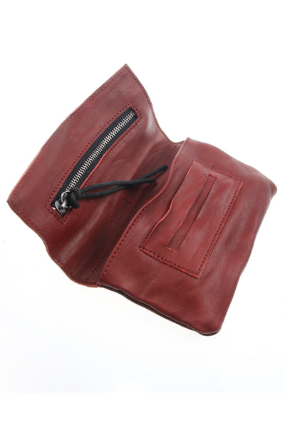 Shop Emerging Slow Fashion Avant-garde Artisan Leather Brand Gegenüber Red Leather Bifold Tobacco Wallet at Erebus