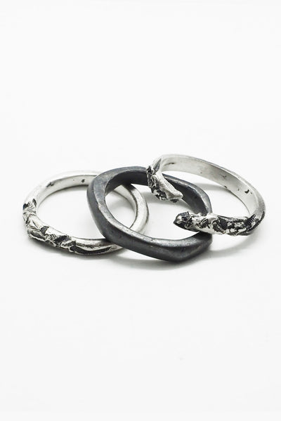 Shop Emerging Slow Fashion Avant-garde Jewellery Brand OSS Haus Broken Dreams Collection Oxidised Silver Broken Stack Ring Set at Erebus
