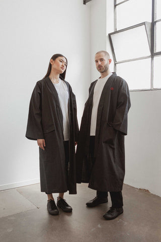 Shop Emerging Slow Fashion Avant-garde Unisex Streetwear Brand Kodama Apparel Black Hemp and Organic Cotton Edo Long Coat at Erebus