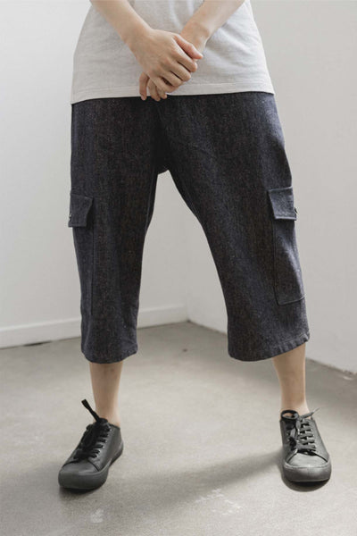 Shop Emerging Slow Fashion Avant-garde Unisex Streetwear Brand Kodama Apparel Denim Hemp and Organic Cotton Hankai Cropped Wrap Pants at Erebus