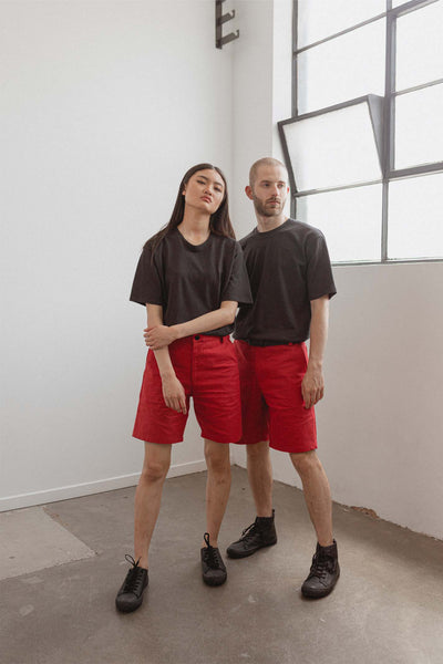Shop Emerging Slow Fashion Avant-garde Unisex Streetwear Brand Kodama Apparel Red Hemp and Organic Cotton Hankai Cargo Shorts at Erebus