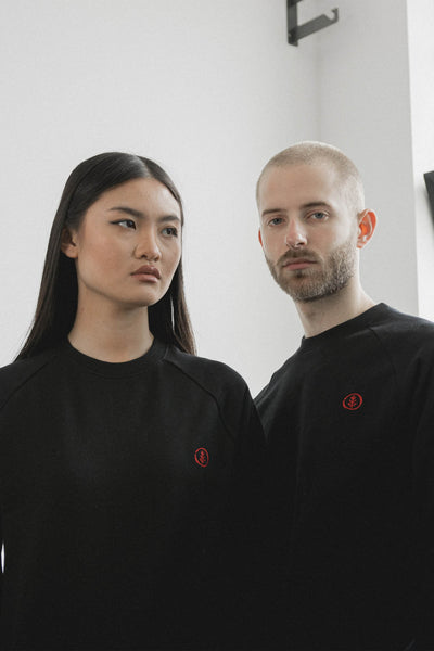 Shop Emerging Slow Fashion Avant-garde Unisex Streetwear Brand Kodama Apparel Black Organic Cotton Zen Crew Sweater at Erebus